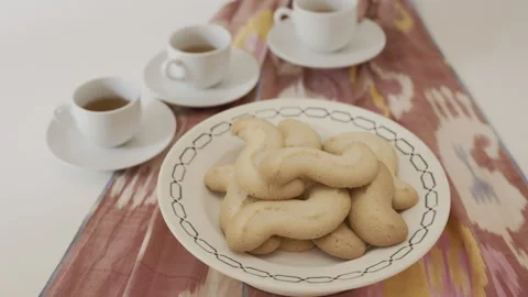 White cups of coffee and biscuits Stock Footage 327953571