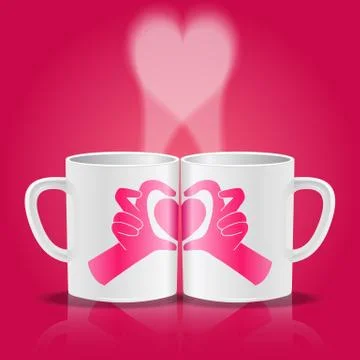 White cups with hands making heart shape Stock Illustration