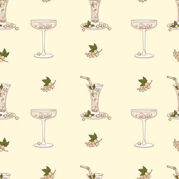 White Currant Cocktail Seamless Pattern. Refreshing Drinks with Ice Cubes, .. Stock Illustration