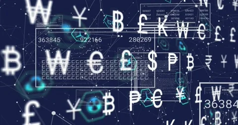 White currency symbols pulsing, translucent HUD updating grid and shifting, Stock Footage 329576125