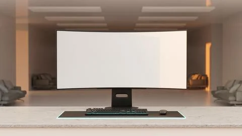 White curve screen computer and blue backlight set up in dim lit corridor h.. イラスト素材