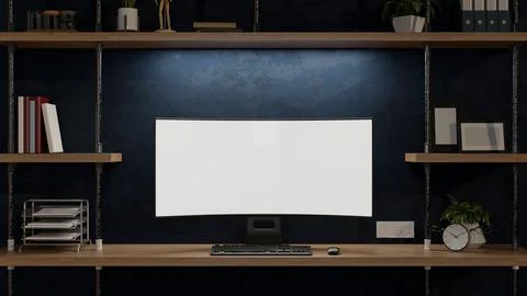 White curve screen computer with stationary and clock on wooden table in a .. Stock Illustration