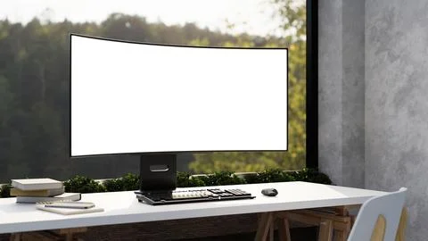 White curved screen computer and pencil atop books on wooden table with cha.. Illustrazione stock