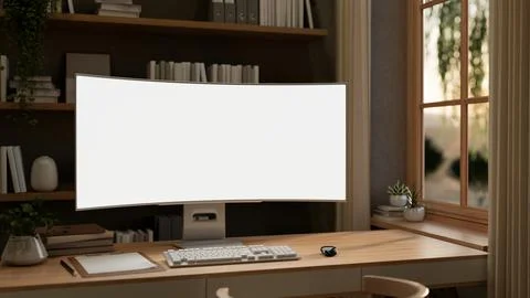 White curved screen computer and clipboard on wooden table aside bookshelf .. Stock Illustration
