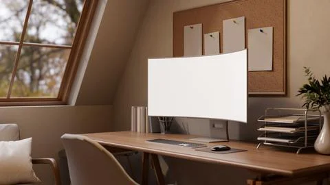 White curved screen computer and stationary on wooden table and chair in at.. Stock Illustration