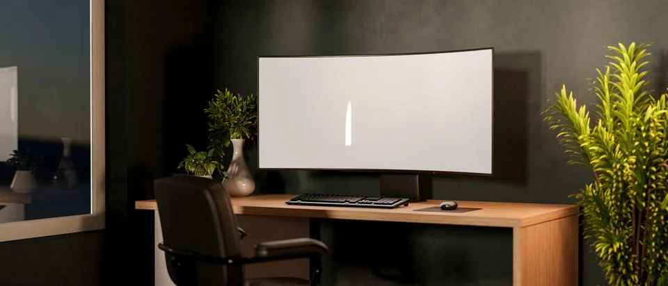 White curved screen computer and plant on wooden table with swivel chair ne.. イラスト素材