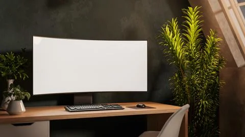 White curved screen computer and potted plants on wooden table with chairs .. Stock Illustration