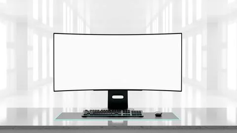 White curved screen computer and blue neon backlight set up in futuristic b.. イラスト素材