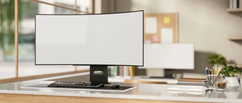 White curved screen computer with book and coffee on marble table across bu.. イラスト素材
