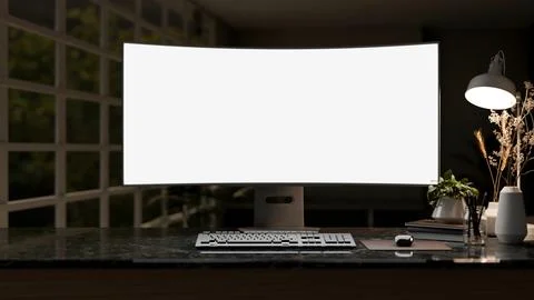 White curved screen computer with books and potted plant on marble table un.. Stock Illustration