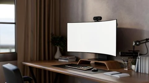 White curved screen computer with camera and microphone on wooden table in .. Stock Illustration