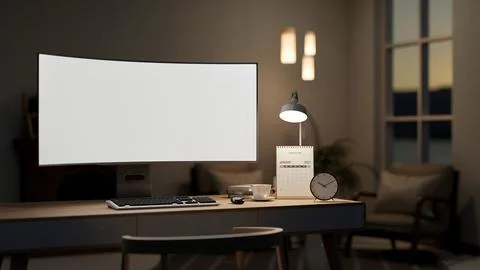 White curved screen computer with coffee, calendar under lamp light on wood.. Stock Illustration