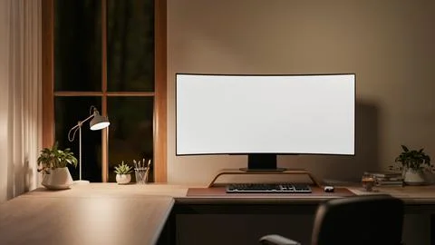 White curved screen computer with lamp on wooden table and armchair in a ro.. イラスト素材