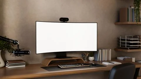 White curved screen computer with webcam and podcast microphone on wooden t.. Stock Illustration