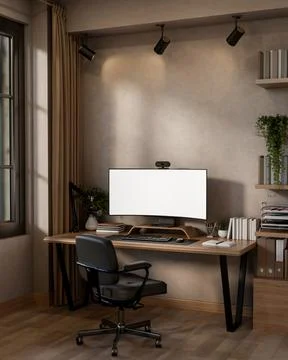 White curved screen computer with webcam and podcast microphone on wooden t.. Stock Illustration