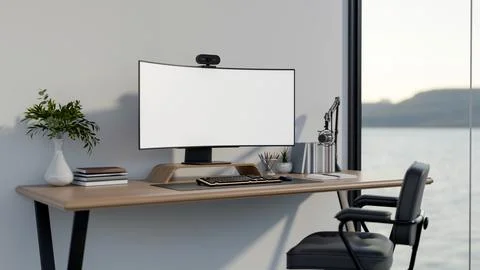 White curved screen computer with webcam and mic on wooden table and armcha.. Stock Illustration
