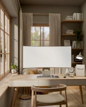 White curved screen computer on wooden table in a room with bookshelf and s.. Stock Illustration