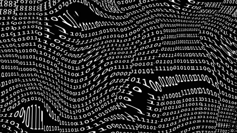 White curving binary coding numbers on black background, 4k distorted screen Stockbeeldmateriaal 128829881