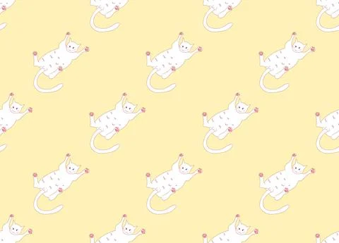 White Cute Cat Laying on Back Seamless Yellow Background Stock Illustration