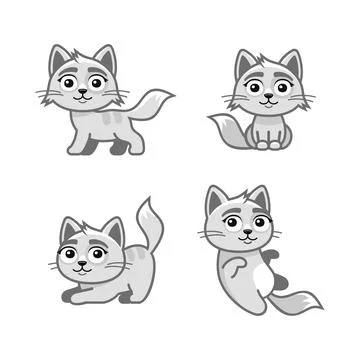 White Cute Cats Set in Different Poses. Vector Иллюстрация