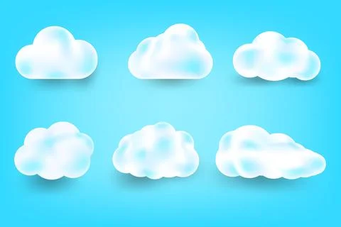 White cute clouds set isolated on blue background. 3d realistic soft fluffy.. Illustrazione stock