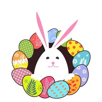 White cute Easter bunny and beautiful painted Easter eggs Stock Illustration