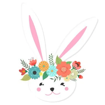 White cute Easter bunny with a wreath of beautiful flowers Illustration