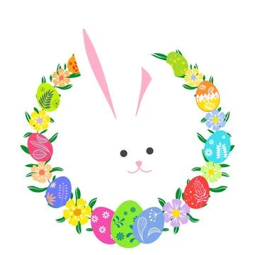 White cute Easter bunny, wreath of beautiful flowers and Easter painted eggs Иллюстрация