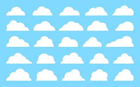 White cute flat cloud shapes set isolated on blue Stock Illustration