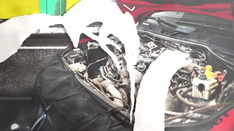 White cutout crowd waving over an open car engine Stock Footage 346778589