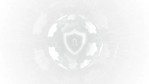 White cyber security background glowing shield, lock hexagon sphere, radial tech Stock Footage 334121550