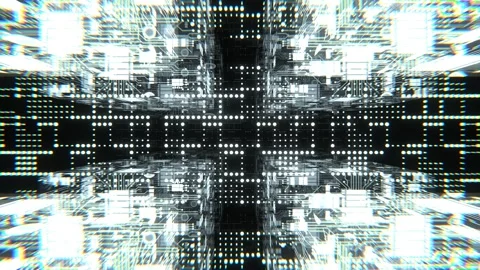 White Cybernetic Chip Cube and Dots Flythrough Background VJ Loop l 4K Stock Footage 301241886