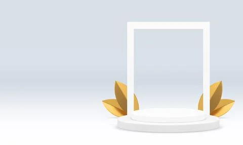White cylinder 3d podium with rectangle frame wall background for presentatio Stock Illustration