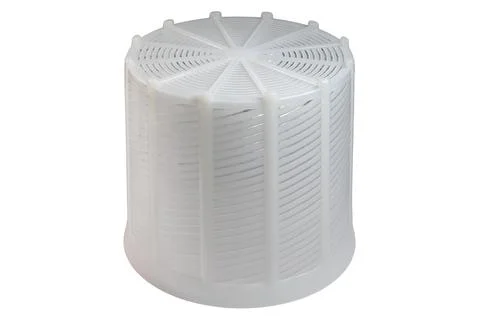 White cylindrical plastic strainer basket with radial grid filtration pattern Stock Photos