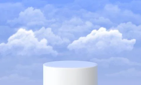 A white cylindrical podium for product presentation against a blue sky with Stock Illustration