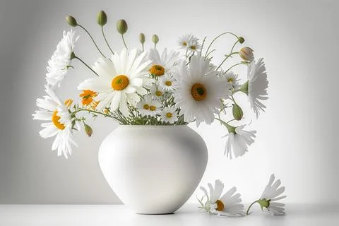 White daisies in white vase on white background. Easter, spring concept. AI Stock Illustration