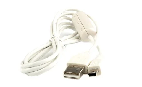 White data cable with ferrite filter and USB connectors. Stock Photos