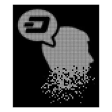 White Decomposed Pixelated Halftone Dash Thinking Balloon Icon Stock Illustration