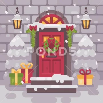 White decorated Christmas porch with fir trees and presents. Holiday home dec Stock Illustration