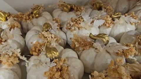 White decorative pumpkins with gold stems and dried flowers Stock Footage 344674761