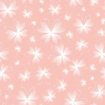 White delicate butterflies seamless vector pattern on a pink background Illustrazione stock