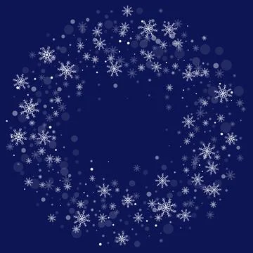 White delicate openwork snowflakes are scattered on a blue background. Festiv Stock Illustration