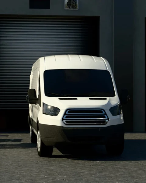 White delivery van parked in front of warehouse rolling doors Vídeo Stock 330007880