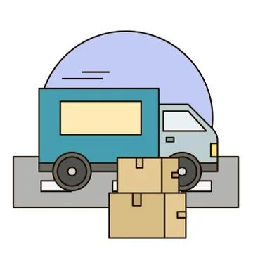 White delivery van with shadow and cardboard boxes on city background. Fast Stock Illustration