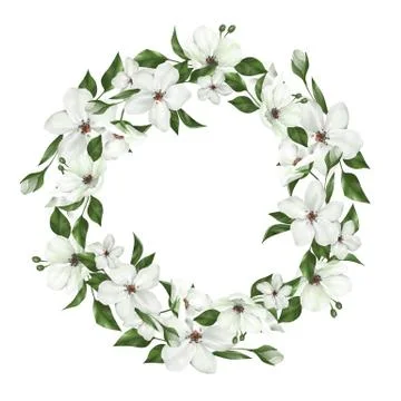 White design round frame. Wedding greenery banner. Apple flowers Stock-Illustration