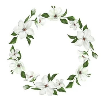 White design round frame. Wedding greenery banner. Apple flowers Stock-Illustration