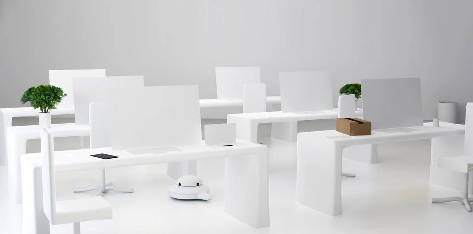 White desk with flat computer white chair. modern office 3d-illustration Stock Illustration