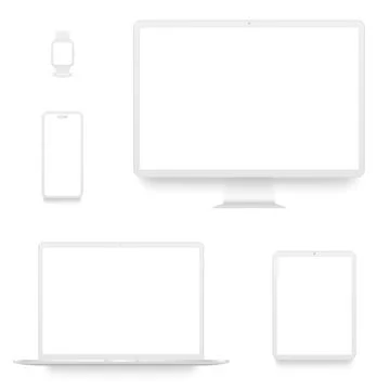White desktop computer, smartphone, tablet, laptop, smart watch mockup Illustrazione stock