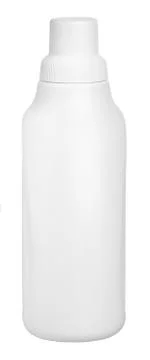 White detergent plastic bottle with measuring cap and cleaning liquid isolate Stock Photos