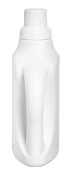 White detergent plastic bottle with measuring cap and cleaning liquid isolate Stock Photos